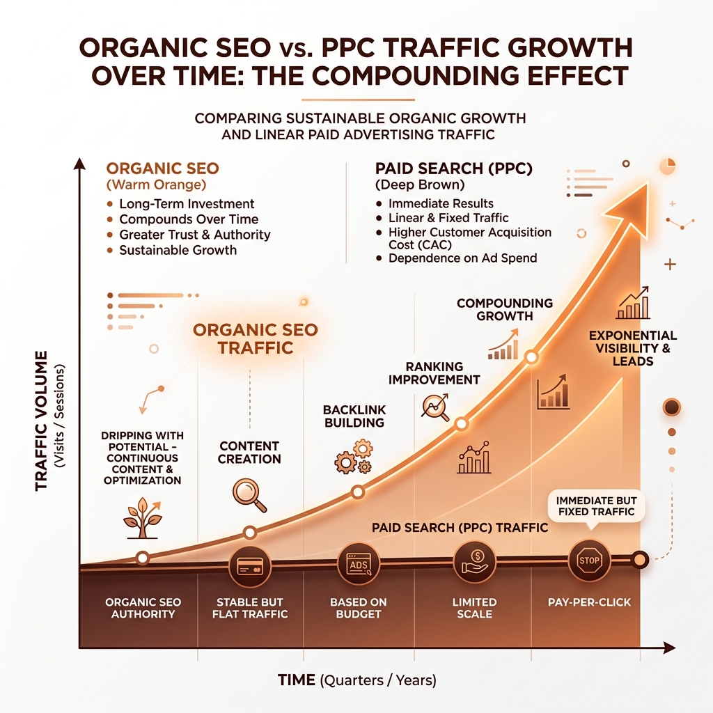 Organic SEO vs PPC Traffic Growth Over Time Graph - Enterprise SEO ROI Calculator